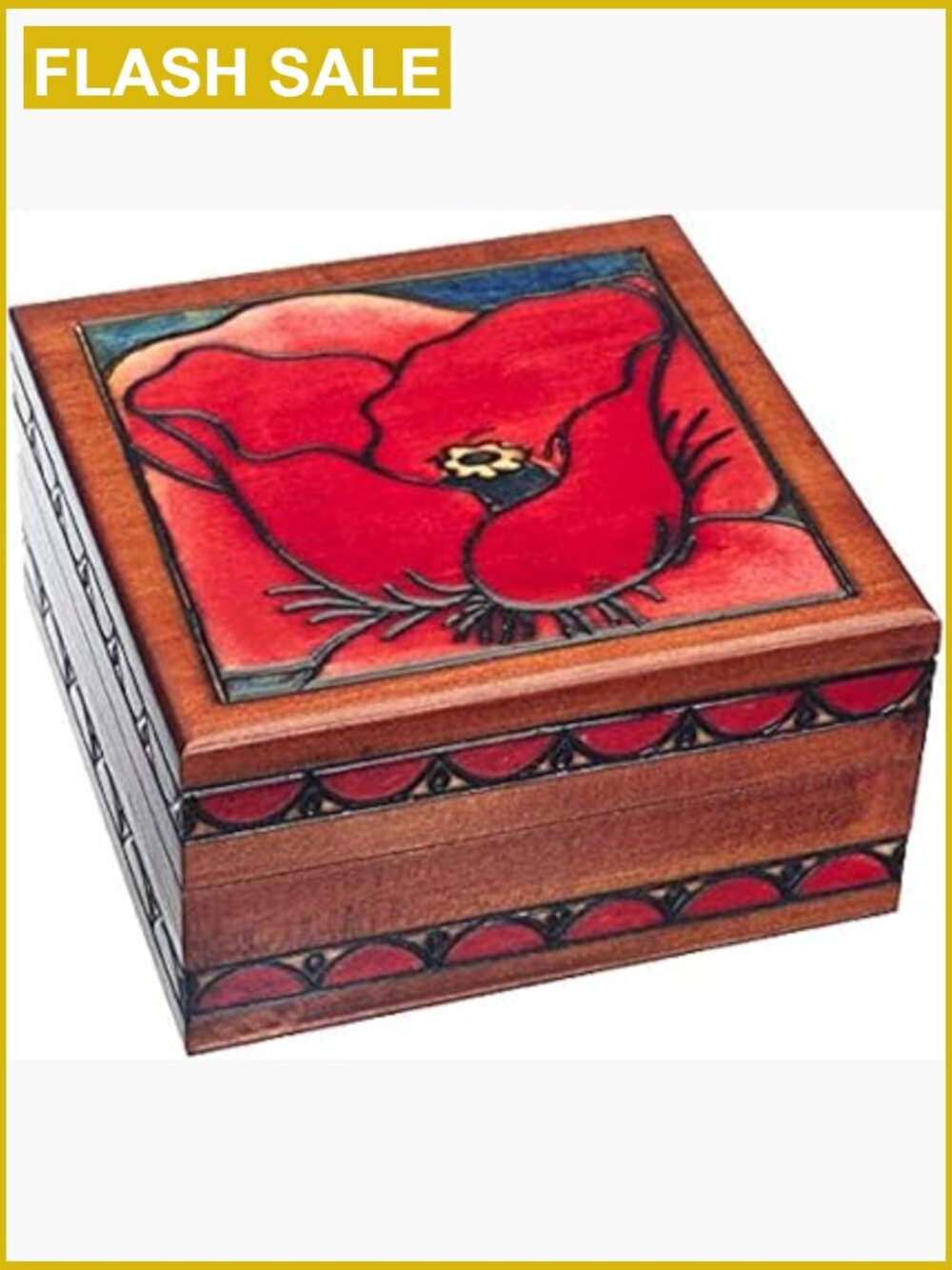 Linden Wood Poppy Keepsake Jewelry Box Handmade Square Trinket